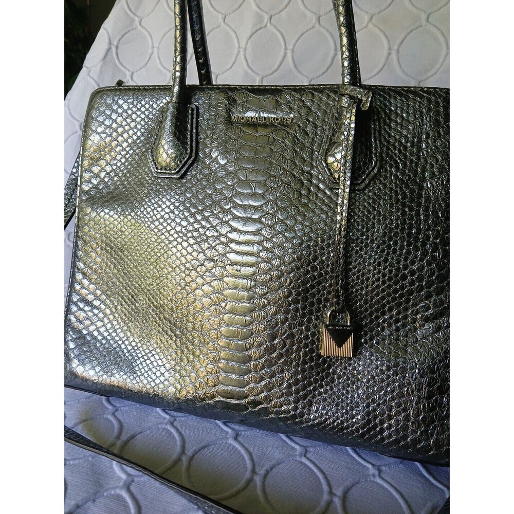 Michael Kors Mercer Snake Print Leather Metallic Silver  Shoulder Convertible ex
